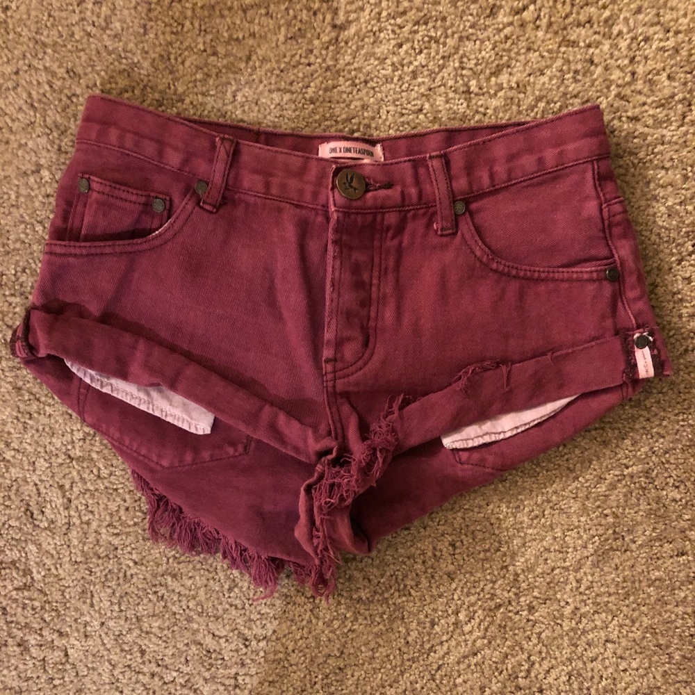 One Teaspoon Maroon Distress Denim Shorts